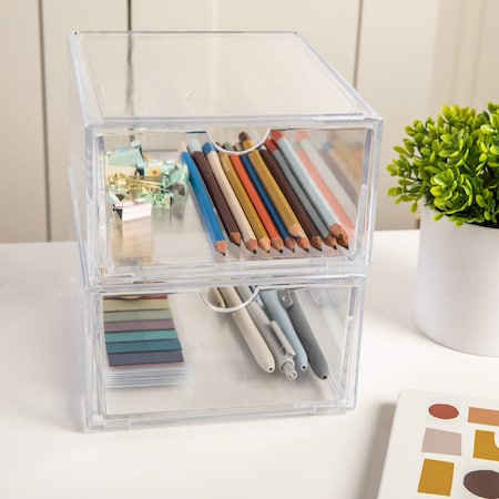 Martha Stewart Brody 2 Pack Plastic Stackable Office Desktop Organizer Boxes with Drawer, 6 x 7.5 BE-PB4512-2-CLR-MS